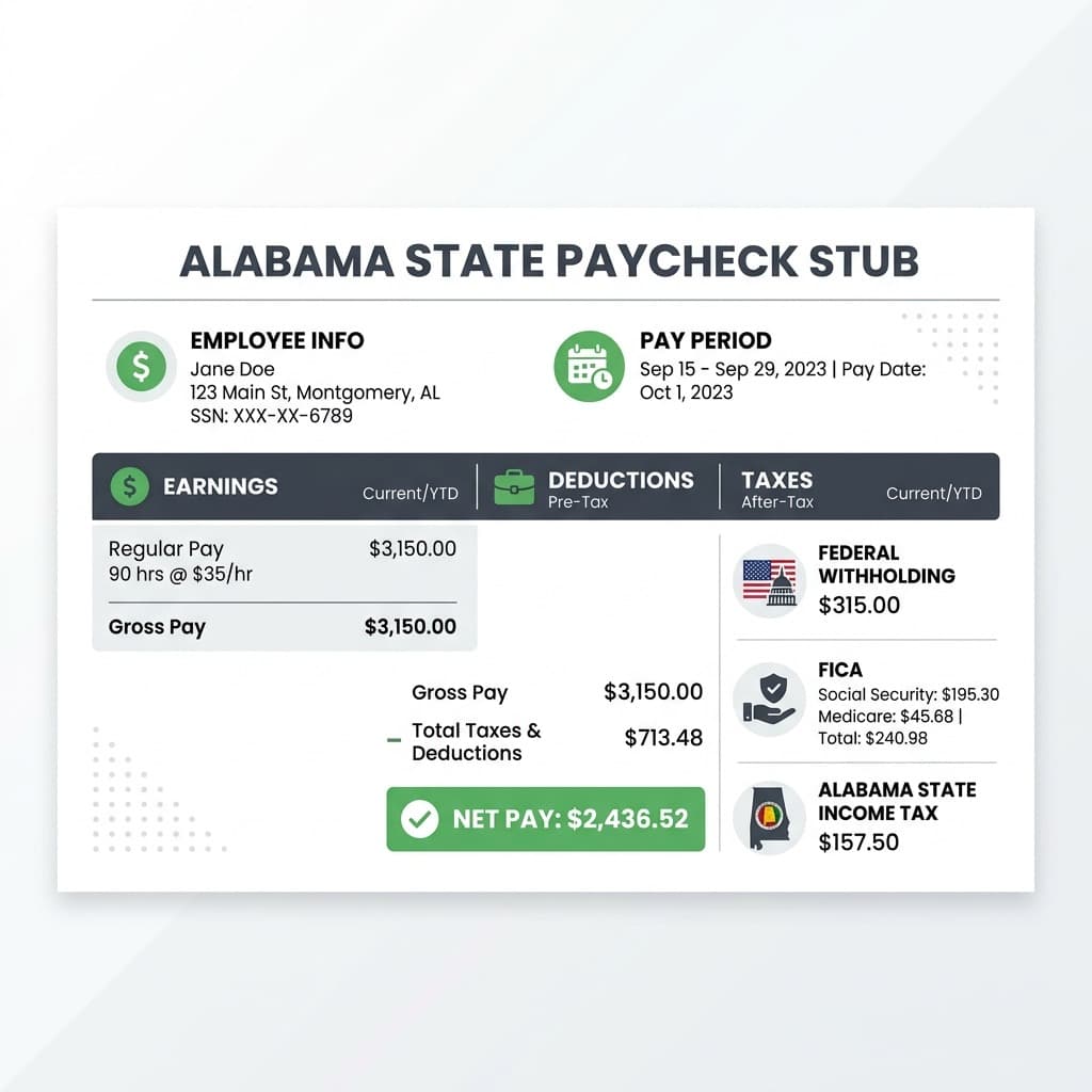 Alabama State Paycheck Stub Breakdown Illustration