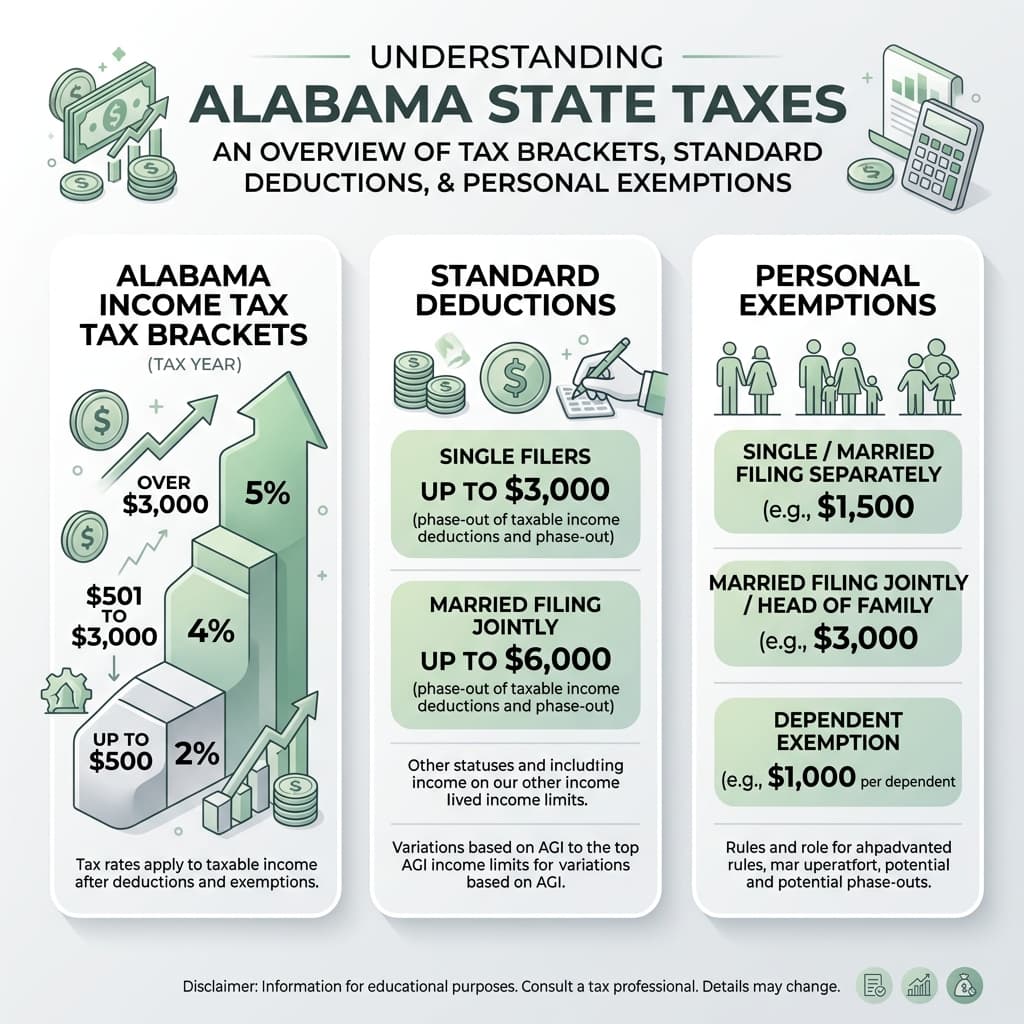 Alabama Taxes Brackets and Exemptions Diagram