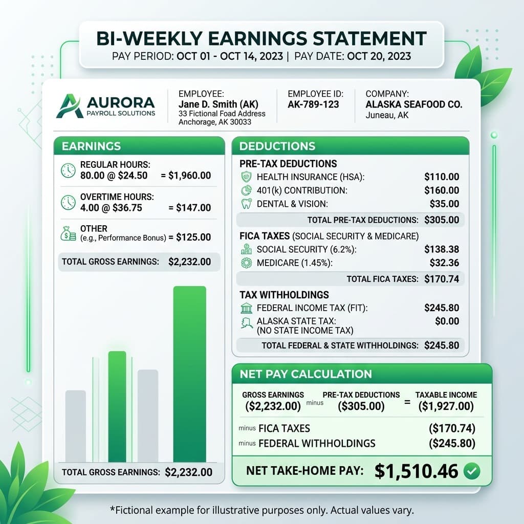 Alaska State Paycheck Earnings and Deductions Statement Illustration
