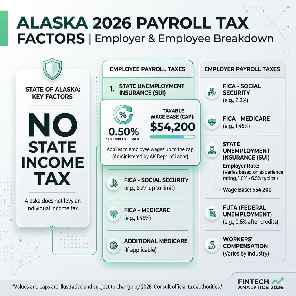 Alaska 2026 Payroll Tax Factors and SUI Base Limits Diagram