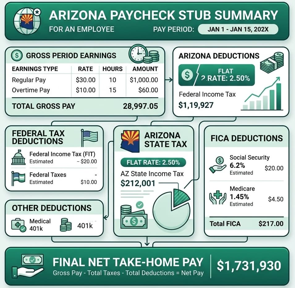 Arizona Paycheck Stub Earnings and State Deductions Statement Illustration