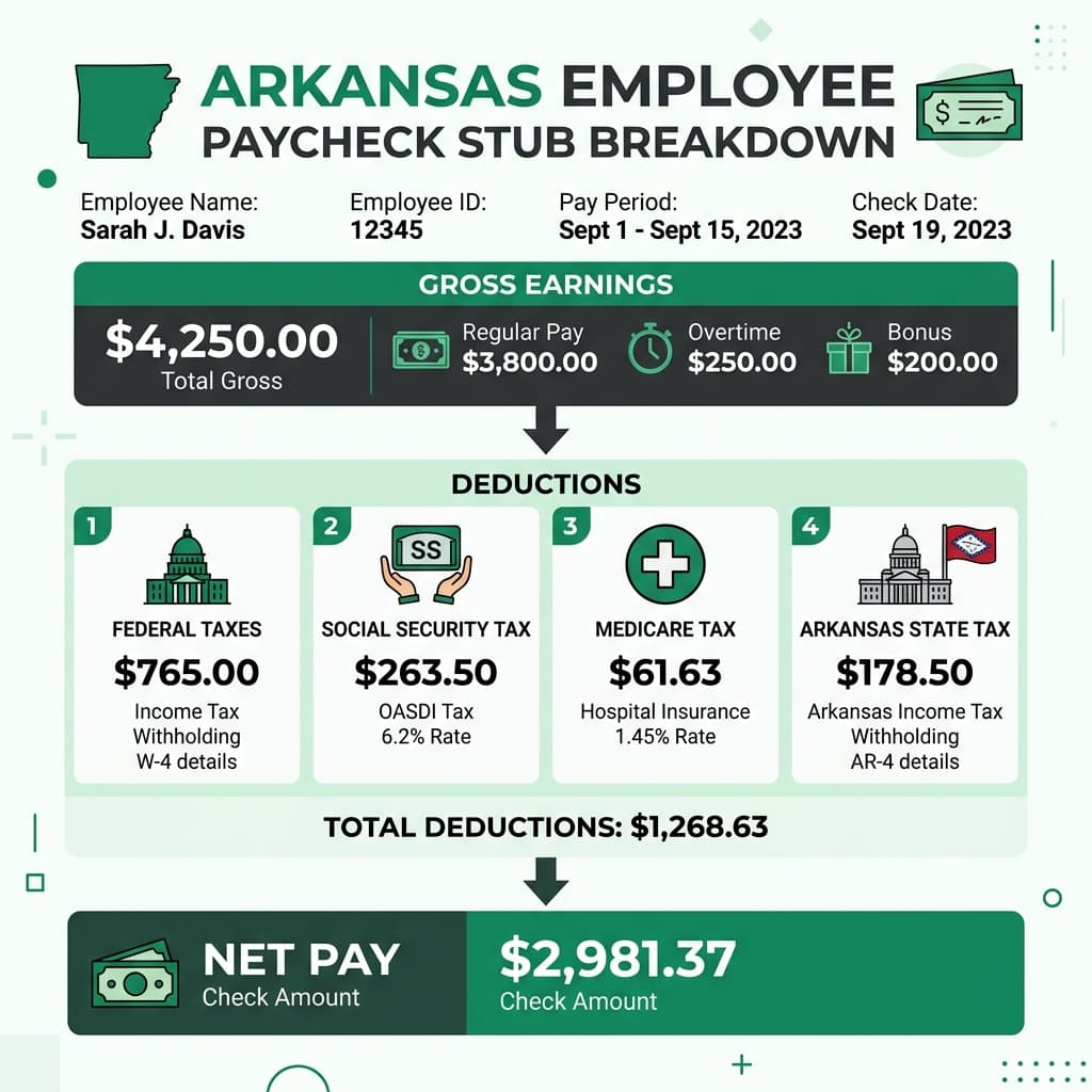 Arkansas Paycheck Stub Earnings and State Deductions Statement Illustration