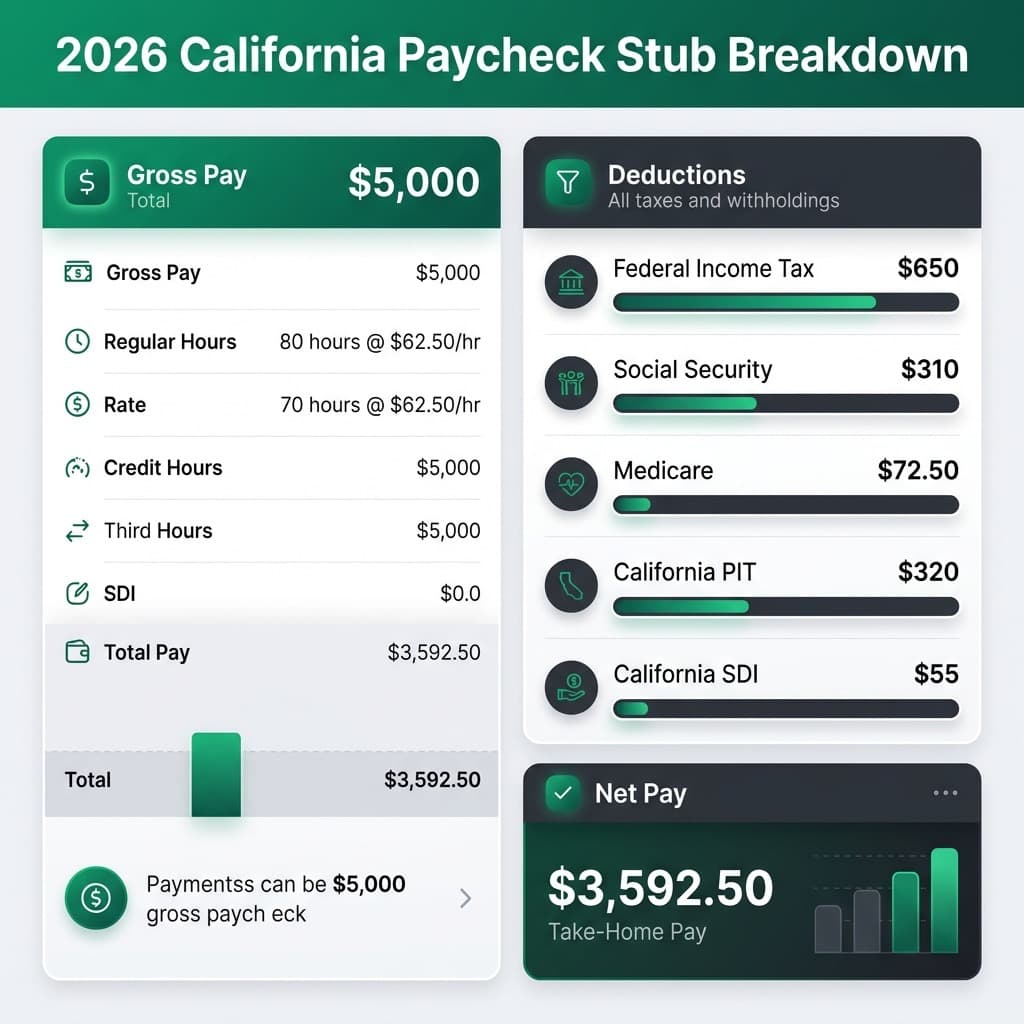 California Paycheck Stub Earnings and State Deductions Statement Illustration