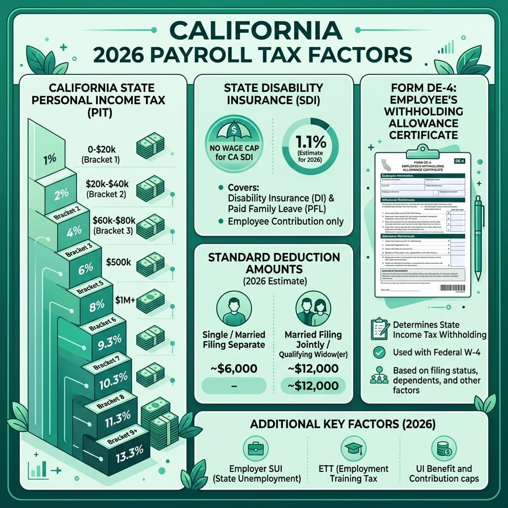 California 2026 Payroll Tax Factors and SDI Rate Breakdown Diagram