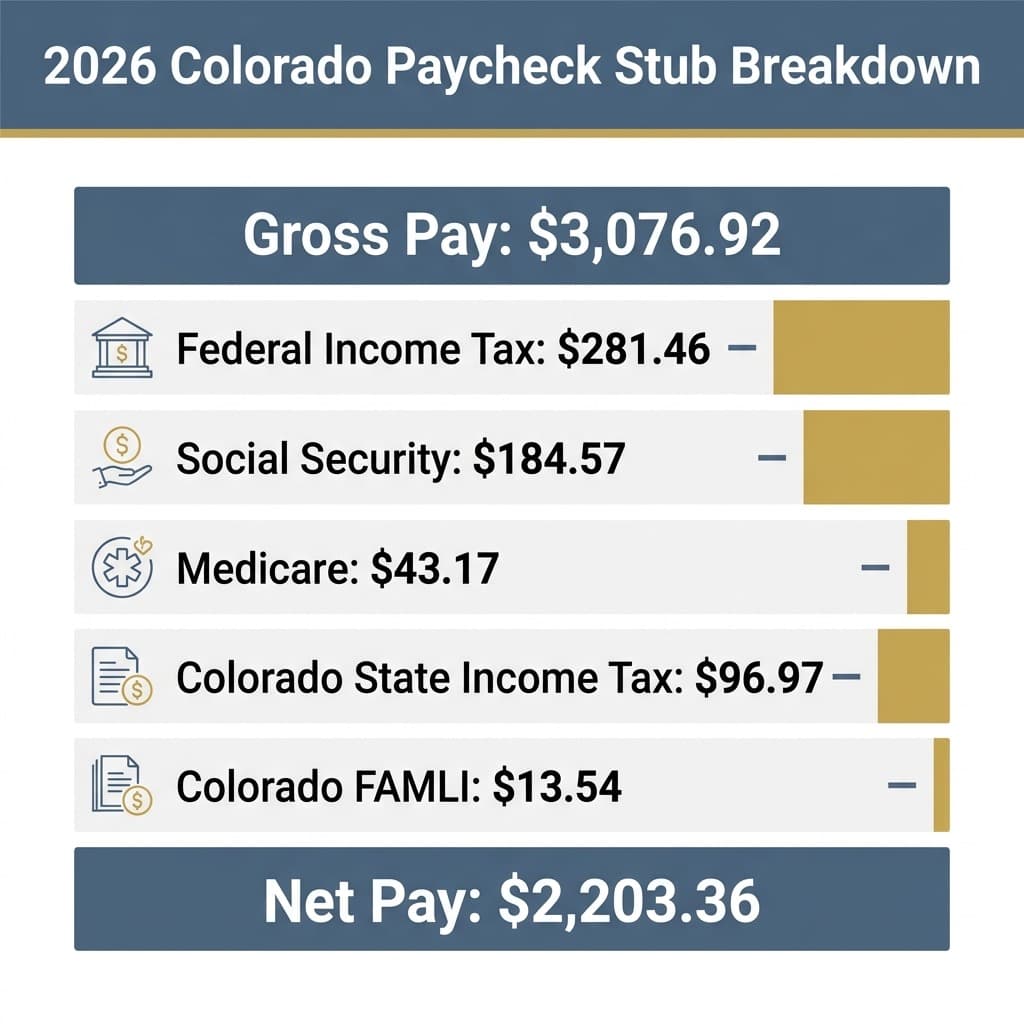 Colorado Paycheck Stub Earnings and State Deductions Statement Illustration