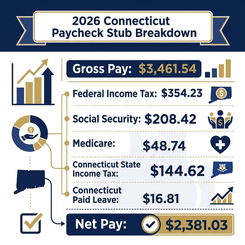 Connecticut Paycheck Stub Earnings and State Deductions Statement Illustration