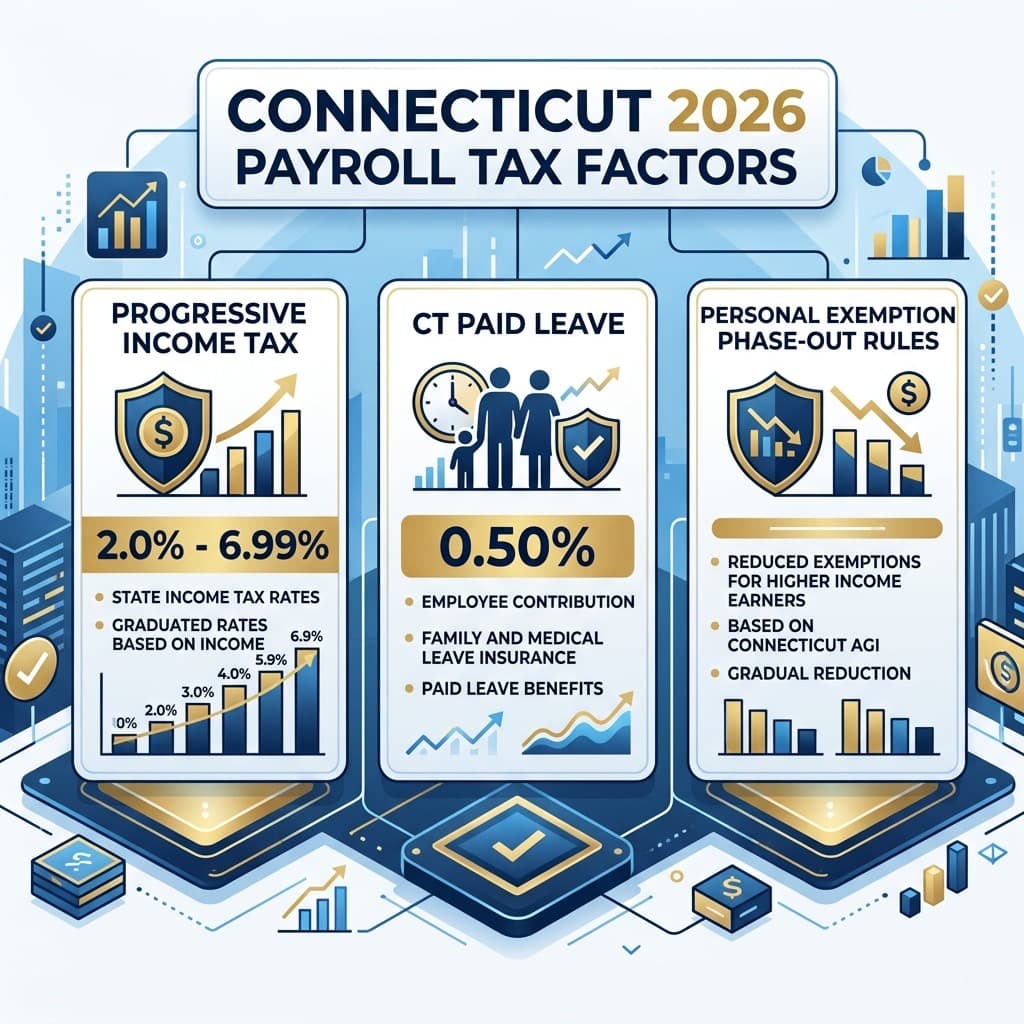 Connecticut 2026 Payroll Tax Factors and CT PL Deductions Diagram