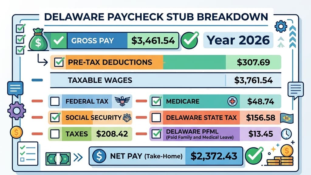 Delaware Paycheck Stub Earnings and State Deductions Statement Illustration