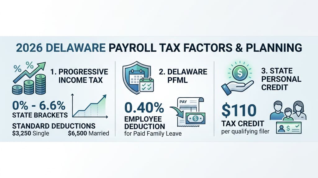 Delaware 2026 Payroll Tax Factors and PFML Deductions Diagram