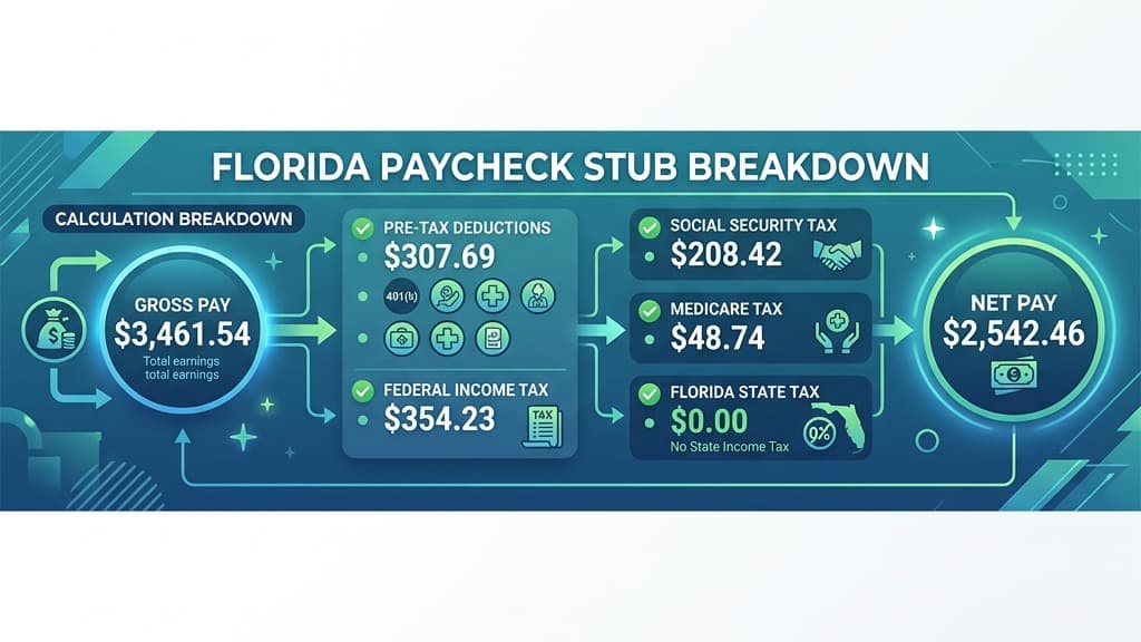 Florida Paycheck Stub Earnings and State Deductions Statement Illustration