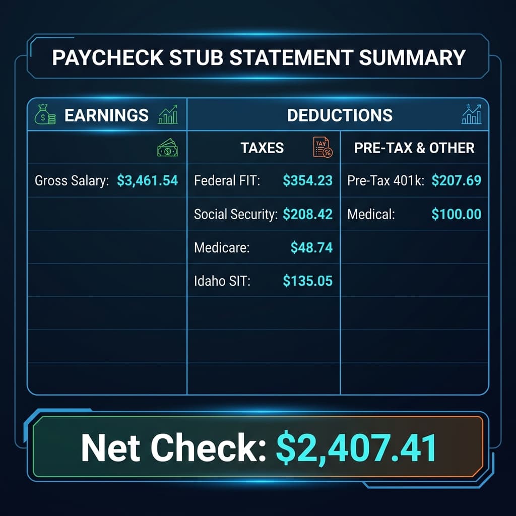 Idaho Paycheck Stub Earnings and State Deductions Statement Illustration