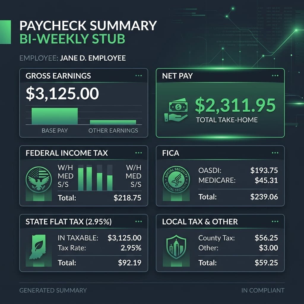Indiana Paycheck Stub Earnings and State Deductions Statement Illustration