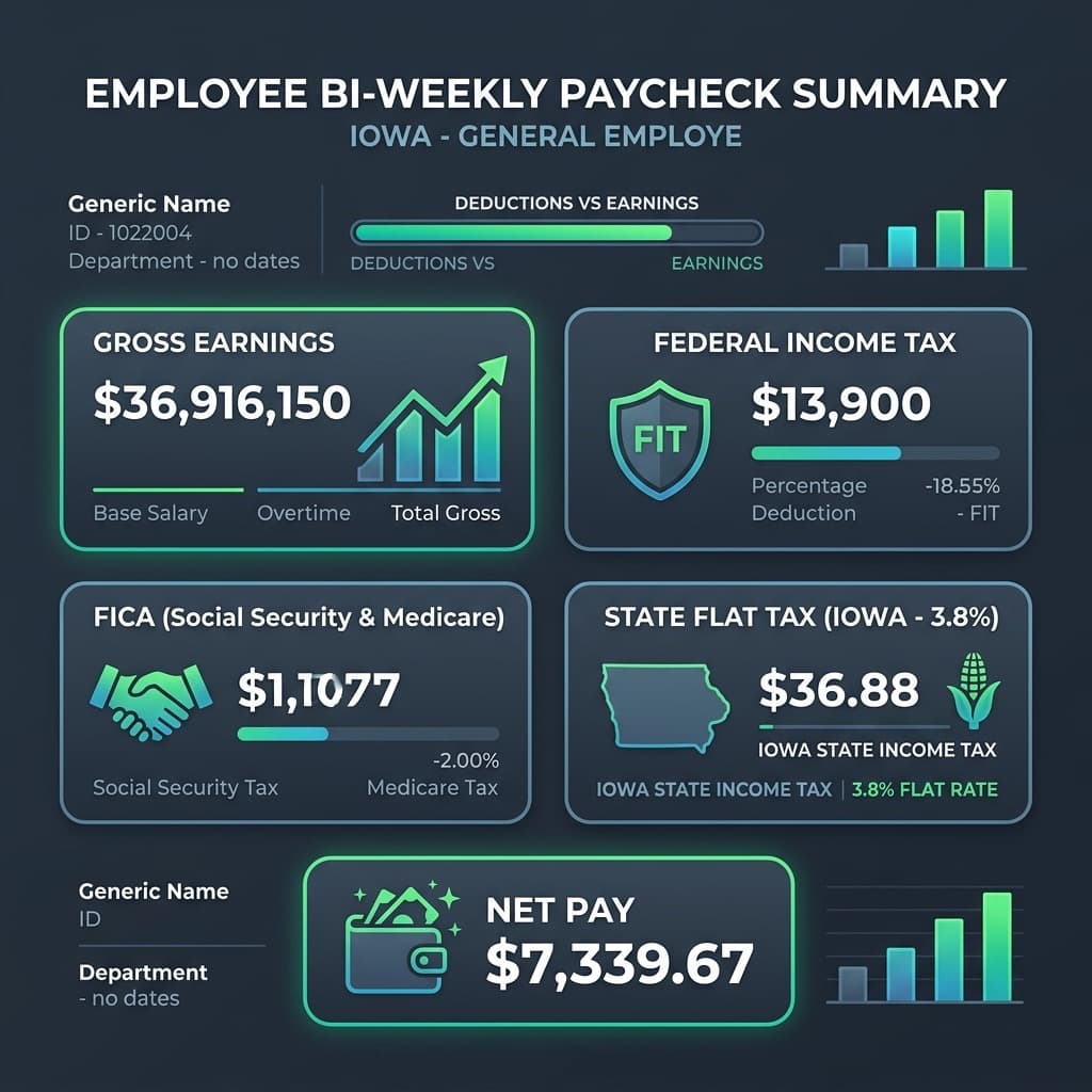 Iowa Paycheck Stub Earnings and State Deductions Statement Illustration