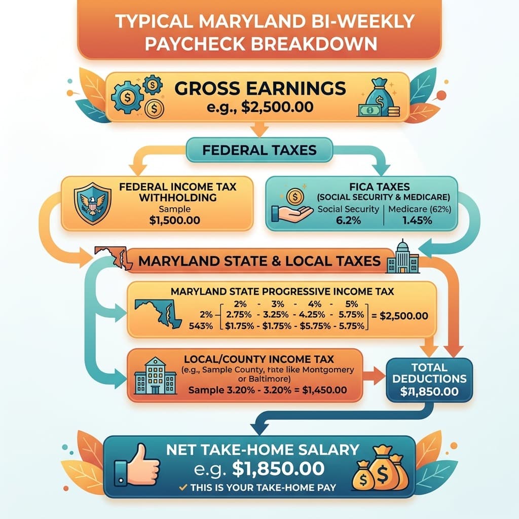 Maryland Typical Paycheck Stub Earnings and State Local Tax allocations Infographic
