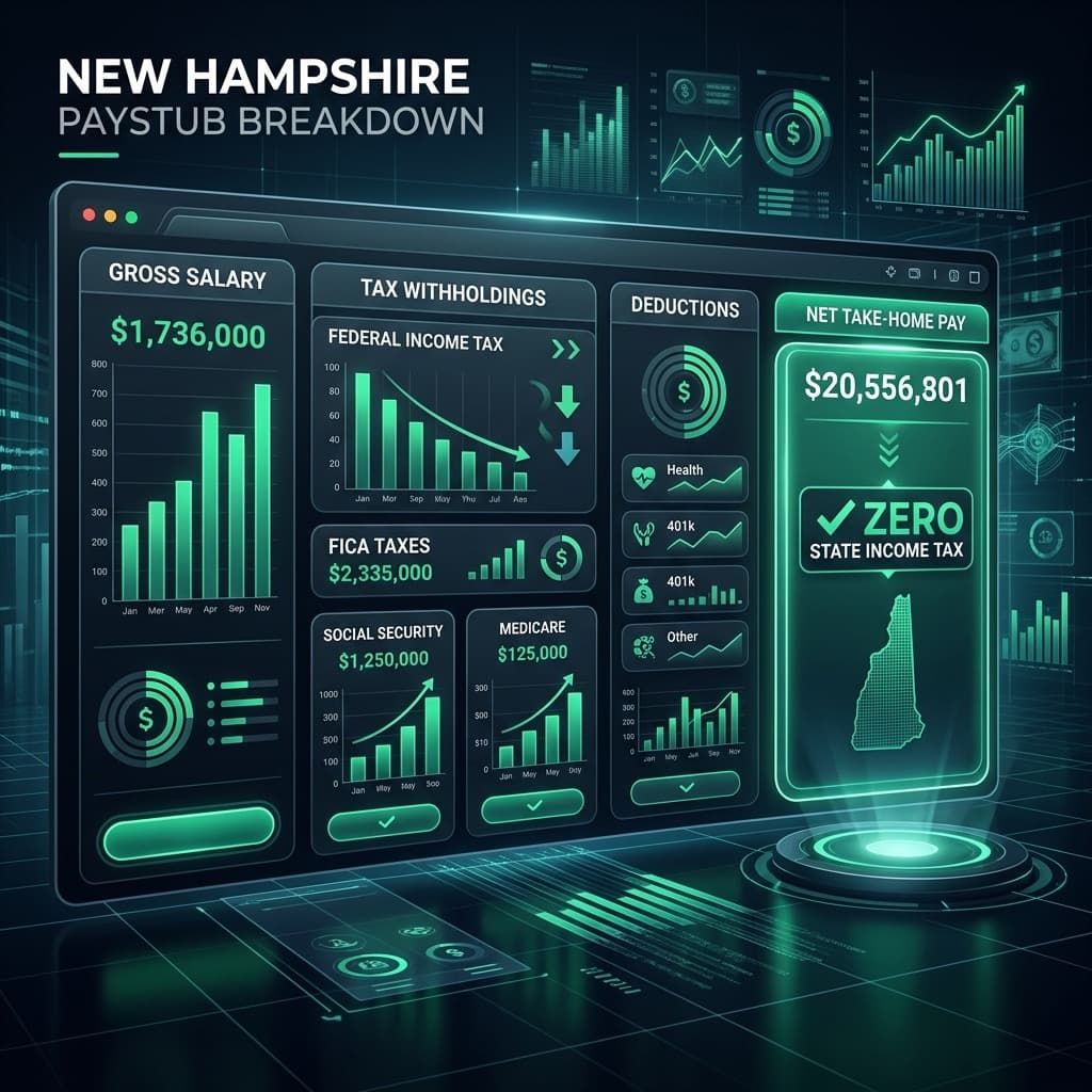 Typical bi-weekly paycheck breakdown in New Hampshire showing tax distribution and net take-home pay