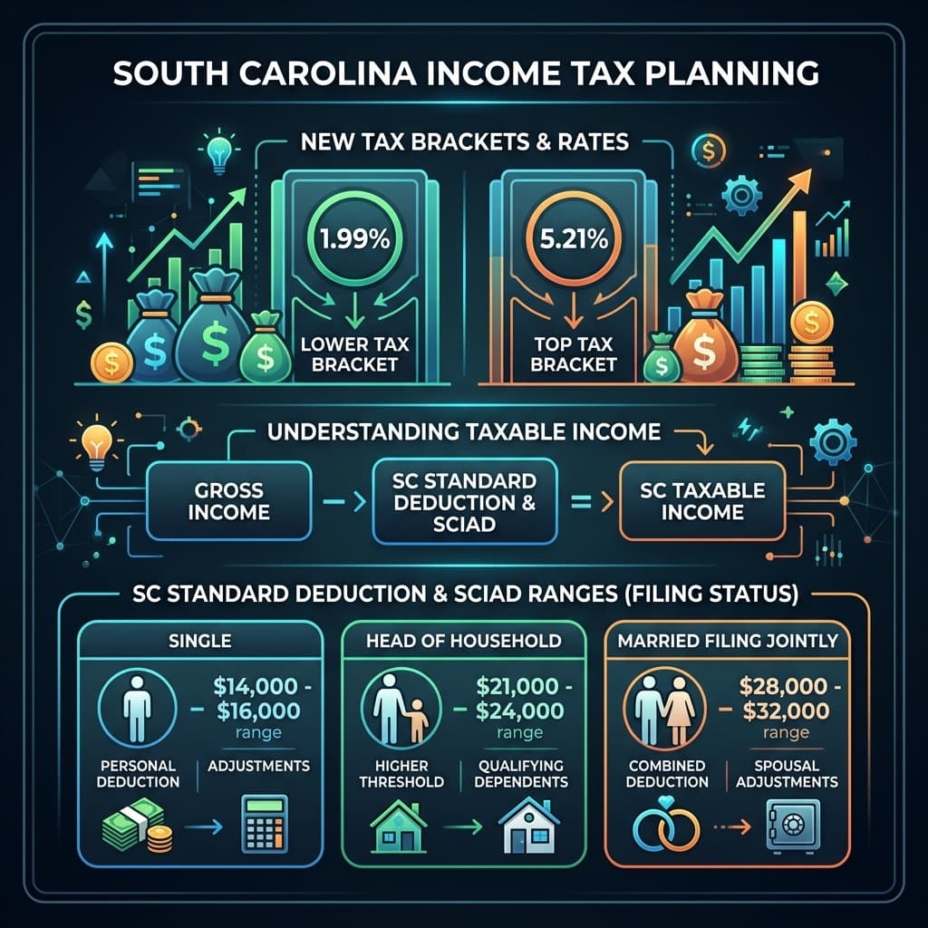 South Carolina Tax Deductions, SCIAD limits, and Bracket Rates Infographic