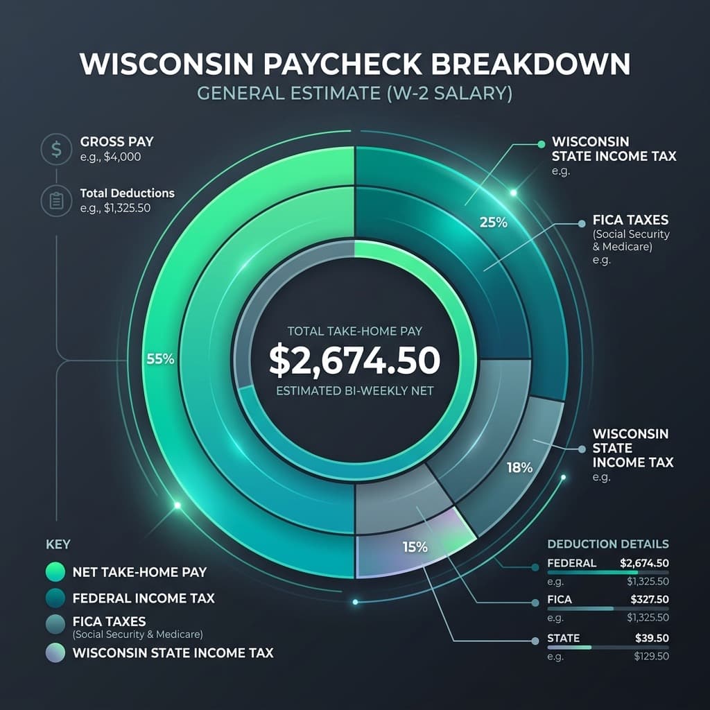Wisconsin W-2 Paycheck Deductions and Take-Home Allocation Diagram